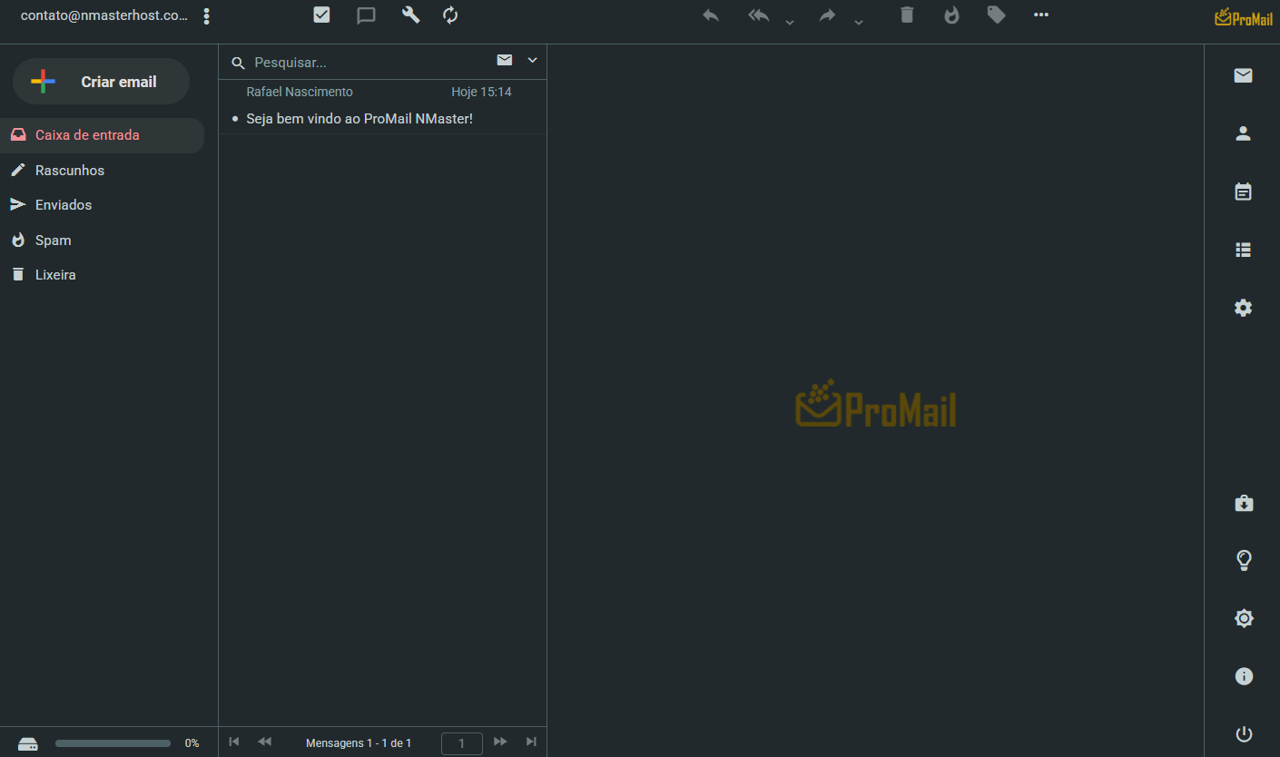 Tela real do webmail ProMail com caixa de entrada, atalhos laterais e logomarca personalizada